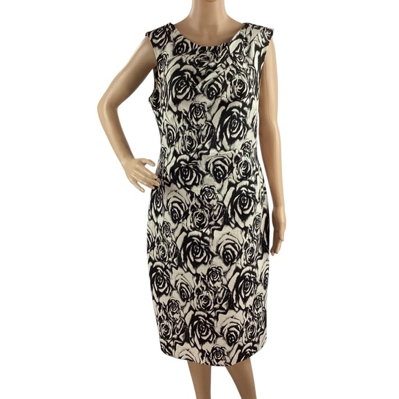 Adrianna Papell Black White Rose Print Sheath Dress Size 8 - Picture 1 of 7